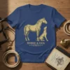 Vintage design of a horse and dog with text "HORSE & DOG" on a navy blue t-shirt