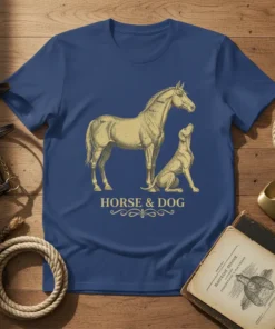 Vintage design of a horse and dog with text "HORSE & DOG" on a navy blue t-shirt