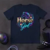 Neon Horse Girl graphic t-shirt design featuring a stylized horse head and floral elements in vibrant colors