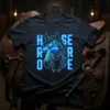 HORSE HERE text design with a cool horse wearing sunglasses, on a navy t-shirt