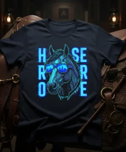HORSE HERE text design with a cool horse wearing sunglasses, on a navy t-shirt