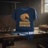 Horse Power t-shirt with a golden horse graphic and bold text, navy blue shirt, equestrian theme