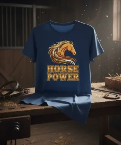 Horse Power t-shirt with a golden horse graphic and bold text, navy blue shirt, equestrian theme