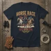 Horse Race design featuring three jockeys on horses in full stride, text "HORSE RACE" at top and a horseshoe emblem