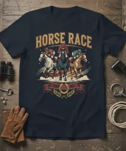 Horse Race design featuring three jockeys on horses in full stride, text "HORSE RACE" at top and a horseshoe emblem