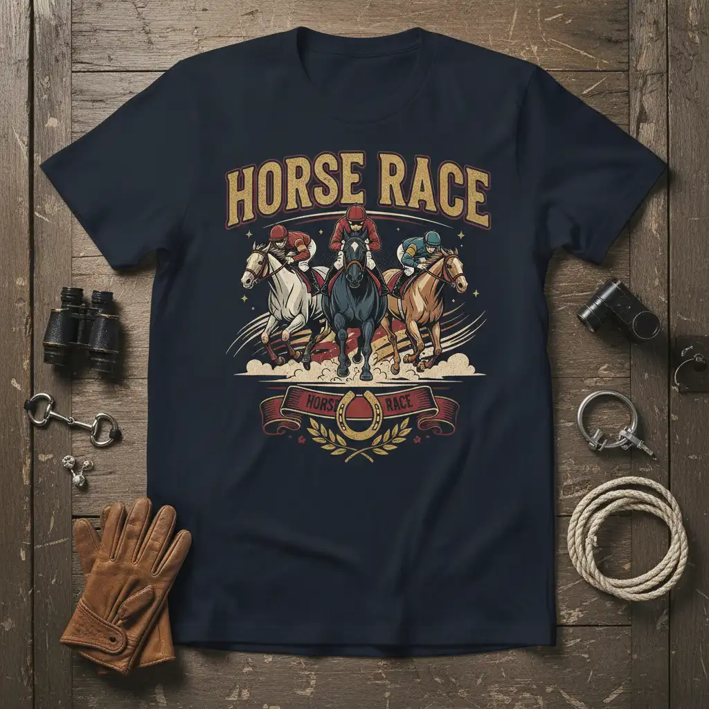 Dynamic HORSE RACE design with jockeys on horses and bold text, perfect for equestrian fans