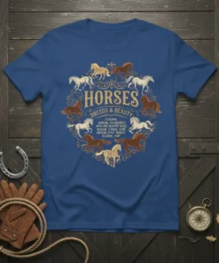 T-shirt design featuring "Horses Breeds & Beauty" title and a list of horse breeds including Arabian, Thoroughbred, and Friesian