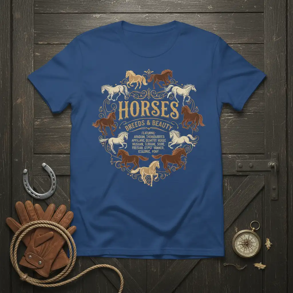 Horses Breeds & Beauty t-shirt design listing horse breeds like Arabian, Thoroughbred, and Friesian, with detailed horse illustrations