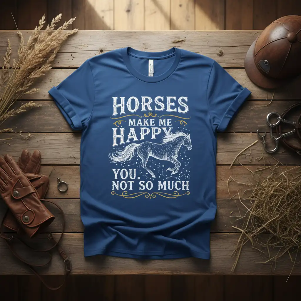 Horses Make Me Happy You. Not So Much quote t-shirt featuring a running horse illustration