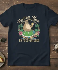 Hortay New PA FOED GATONES t-shirt with a sloth riding a turtle, tropical plants, and sunset graphic