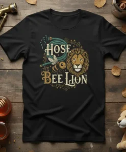 Hose Bee Lion text design with a cartoon bee and a lion illustration on a black t-shirt