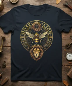 Hose Lion T-Shirt design with a detailed bee and a lion's head in a circular emblem, gold on navy