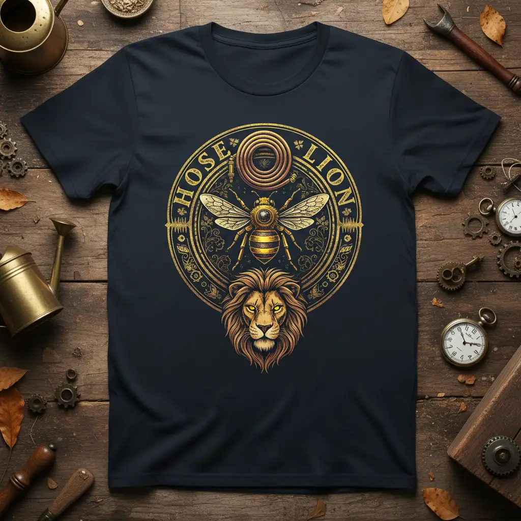HOSE LION text with bee and lion emblem graphic on a navy blue t-shirt, intricate gold design