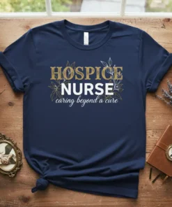 Navy t-shirt with gold and white text reading "HOSPICE NURSE caring beyond a cure" surrounded by floral elements