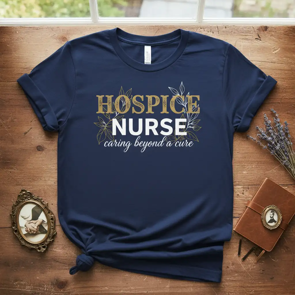 Hospice Nurse caring beyond a cure quote on navy t-shirt with gold floral accents