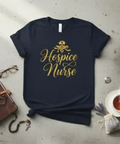 Hospice Nurse text in gold glitter font with nurse cap and caduceus symbol on navy t-shirt