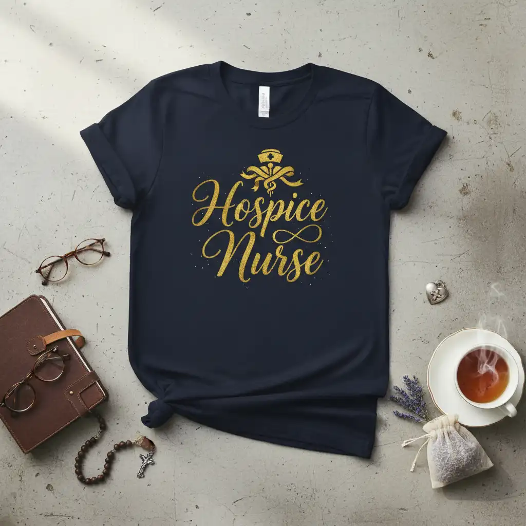 Hospice Nurse quote in elegant gold glitter font with nursing symbols on a dark tee