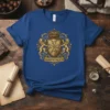 Hospitalier Knights Templar coat of arms with lions and Maltese cross, text below on blue t-shirt