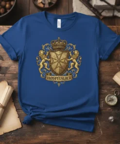 Hospitalier Knights Templar coat of arms with lions and Maltese cross, text below on blue t-shirt