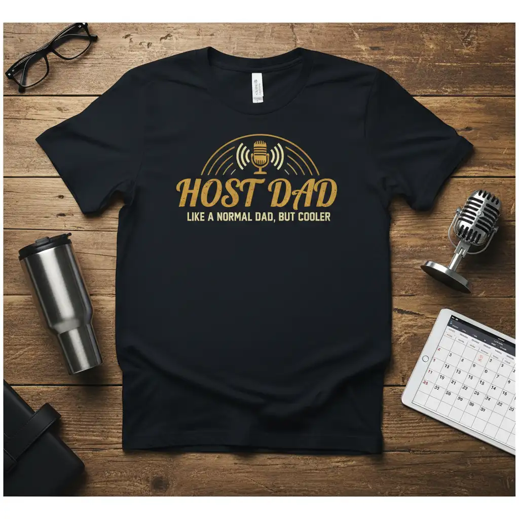 Host Dad Like a Normal Dad, But Cooler quote t-shirt with retro microphone graphic
