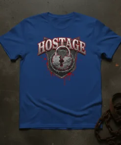Hostage broken lock t-shirt design with barbed wire and red splatters, symbolizing rebellion and freedom