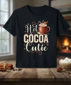 Hot Cocoa Cutie text design with a steaming mug of hot chocolate, marshmallows, candy cane, and gingerbread cookie