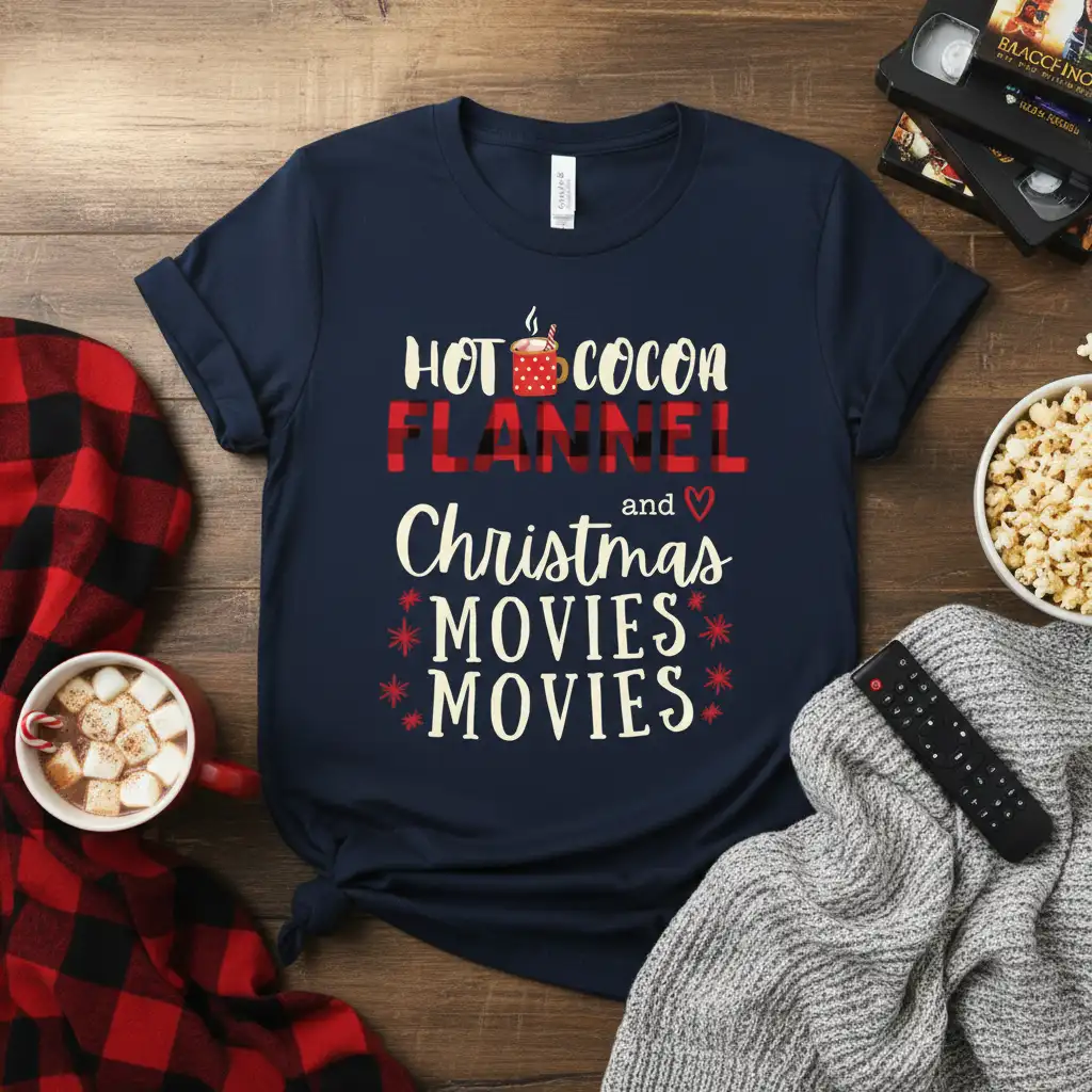 HOT COCOA FLANNEL and Christmas MOVIES MOVIES festive text design with hot cocoa mug graphic and buffalo plaid accents