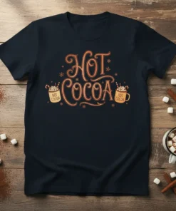 Hot Cocoa text design with whimsical font and two mugs of hot chocolate, perfect for winter drink lovers