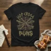 Black t-shirt with "Hot Cross Buns" text and graphic of crossed recorders and roses