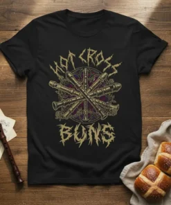 Black t-shirt with "Hot Cross Buns" text and graphic of crossed recorders and roses