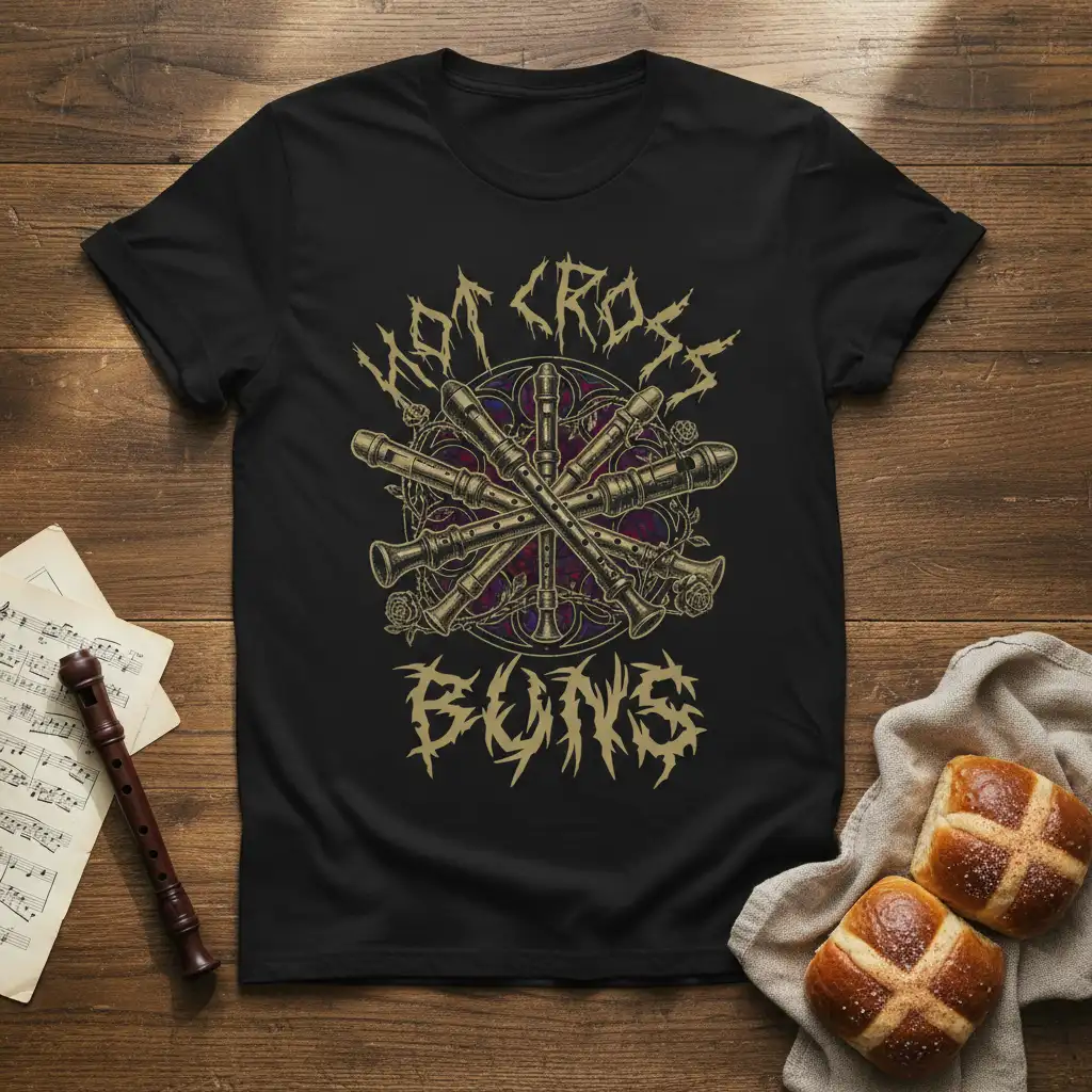 Hot Cross Buns text and recorder graphic on a black t-shirt, unique Easter bakery design