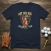 Hot Dog Dog Golf T-Shirt design featuring a cartoon hot dog playing golf with crossed clubs and laurel wreath