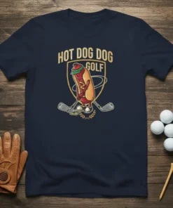 Hot Dog Dog Golf T-Shirt design featuring a cartoon hot dog playing golf with crossed clubs and laurel wreath