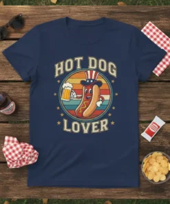 Hot Dog Lover T-Shirt with a cartoon hot dog wearing a patriotic hat holding a beer, vintage style