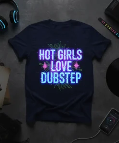 Hot Girls Love Dubstep text design on a navy blue t-shirt with neon blue and purple glowing effect and circuit