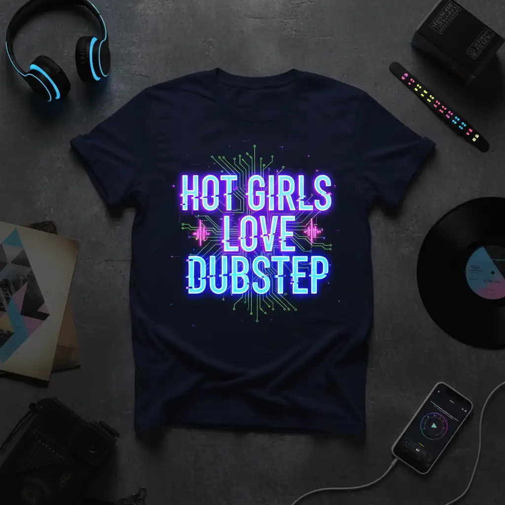 Hot Girls Love Dubstep quote t-shirt design with neon glowing text and circuit board elements