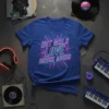 Royal blue t-shirt with neon pink and blue "Hot Girls Love House Music" text design, featuring geometric lines and bursts