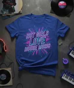 Royal blue t-shirt with neon pink and blue "Hot Girls Love House Music" text design, featuring geometric lines and bursts