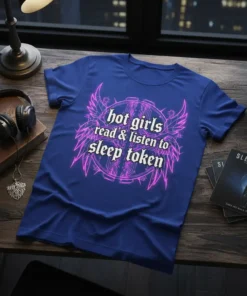 Hot girls read & listen to sleep token text with pink neon wings graphic on blue t-shirt