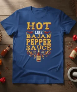 Hot Like Bajan Pepper Sauce t-shirt design with yellow text and chili pepper graphics