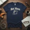 Navy blue t-shirt with "Hot Mess" text and a spilling coffee cup graphic, perfect for coffee lovers