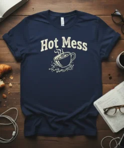 Navy blue t-shirt with "Hot Mess" text and a spilling coffee cup graphic, perfect for coffee lovers