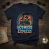 Hot Mess Express T-Shirt with a skeleton cowboy driving a train, surrounded by flames and musical notes