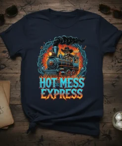 Hot Mess Express T-Shirt with a skeleton cowboy driving a train, surrounded by flames and musical notes