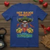 Hot Sauce Emergency Dial 9-Juan-Juan t-shirt with a skull wearing a sombrero, tacos, and chili peppers