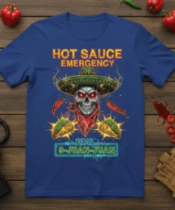 Hot Sauce Emergency Dial 9-Juan-Juan t-shirt with a skull wearing a sombrero, tacos, and chili peppers