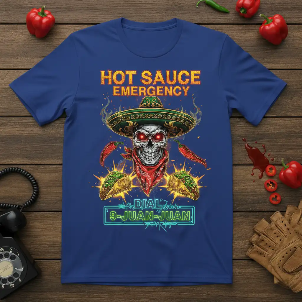 Hot Sauce Emergency Dial 9-Juan-Juan design featuring a skull in a sombrero with tacos and chili peppers