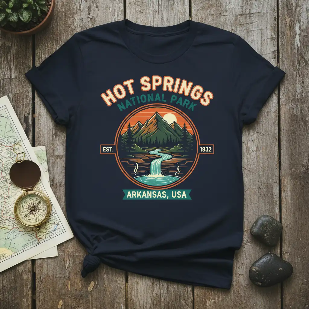 Hot Springs National Park EST 1932 Arkansas USA vintage t-shirt design with waterfall and mountains