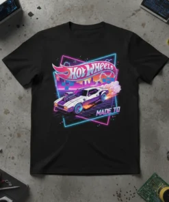 Hot Wheels Made To text with a retro muscle car in a neon geometric frame, hot rod racing theme