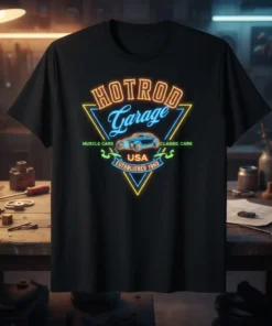 Hotrod Garage USA Established 1963 t-shirt design with neon triangle, classic car, and text for muscle cars and classic cars